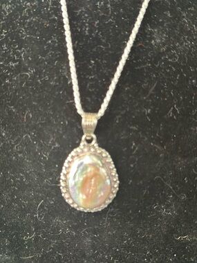 Silver Chain Necklace 29 in mother of pearl Teardrop Pendant Beaded Halo